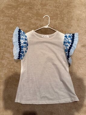 White Short Sleeve Tee with Blue Floral Ruffle Sleeves